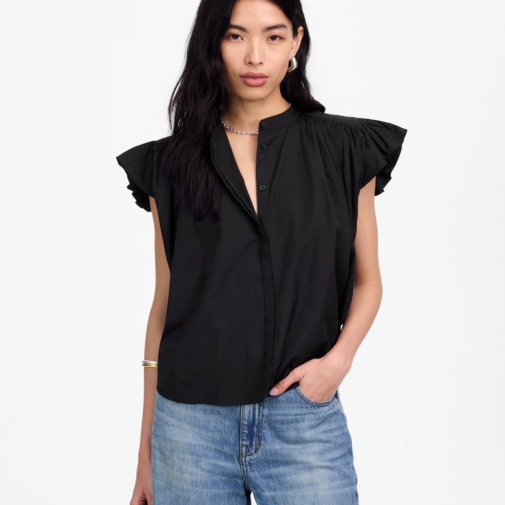 NWT Madewell Poplin Shirred Button-Up Shirt in Jet black